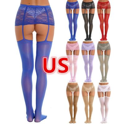 US Woman's Oil Silk Shiny Pantyhose Garter Belt Mini Skirt High Long Stockings